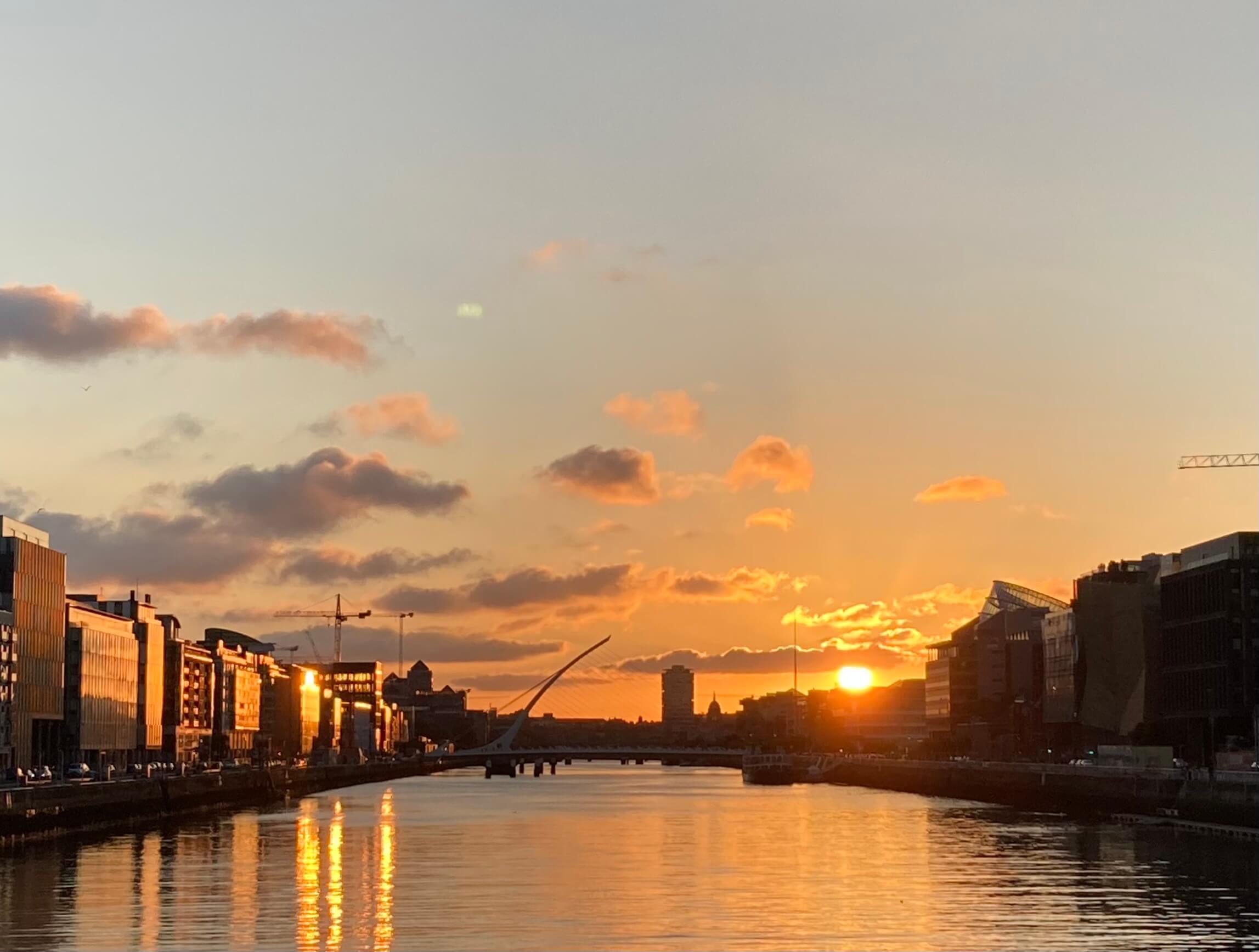 Sunset over Samuel Beckett Bridge in Dublin City